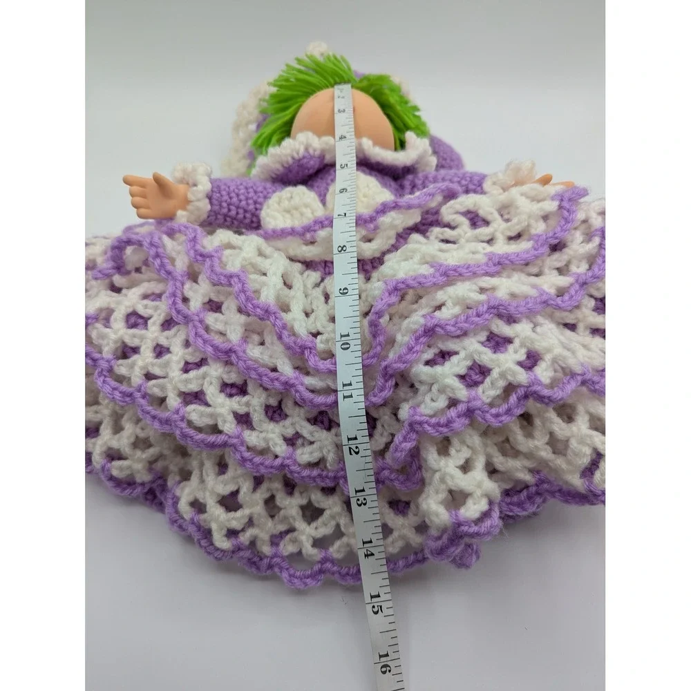 Vintage Handmade Crochet Bed Doll Purple White Ruffle Gown Green‎ Hair 10 Inch